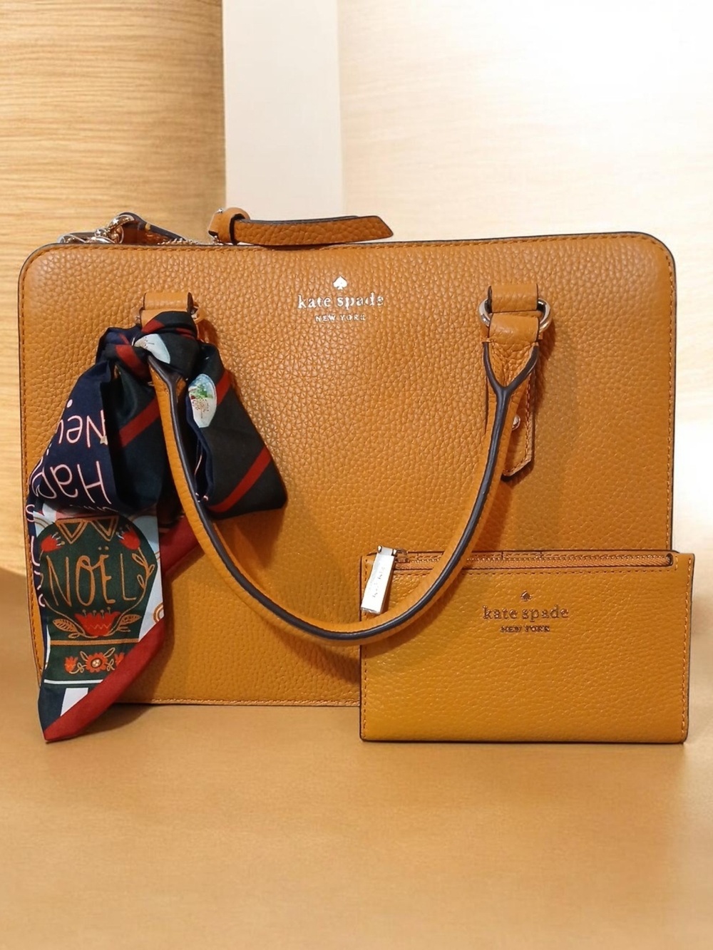 kate spade tan pebbled leather crossbody tote with scarf detail